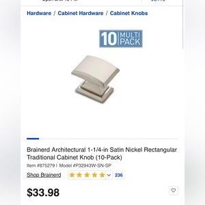 Brainerd 1 1/4" Architectural Knob Satin Nickel (10 pack) Lowes NEW